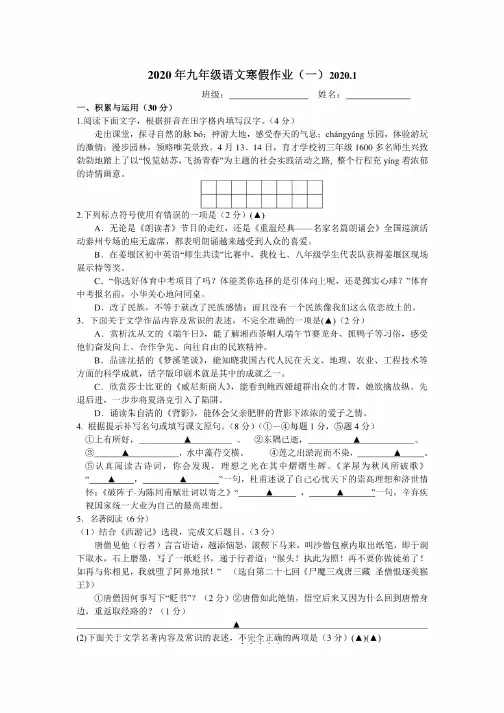 2020年九年级语文寒假作业含答案（合集）
