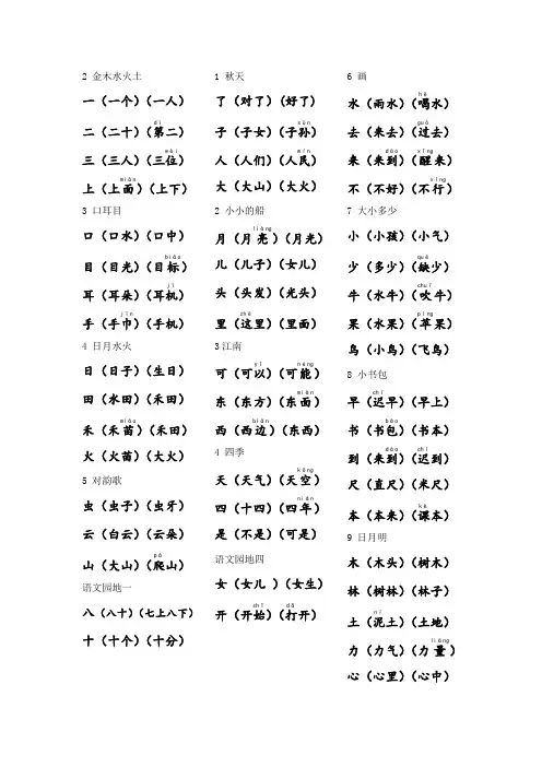 部编版一年级上册语文(写字表)生字组词