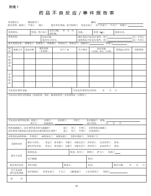 药品不良反应事件报告表