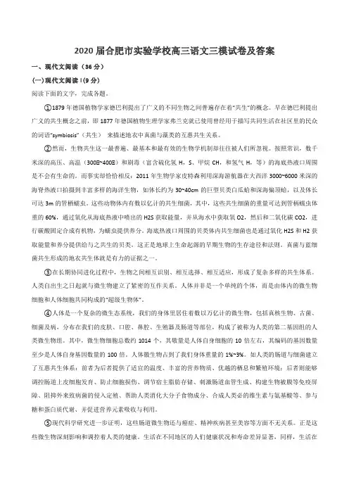 2020届合肥市实验学校高三语文三模试卷及答案