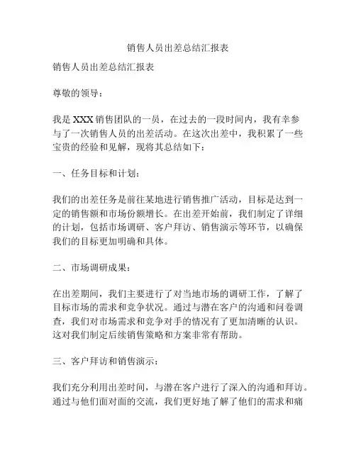 销售人员出差总结汇报表