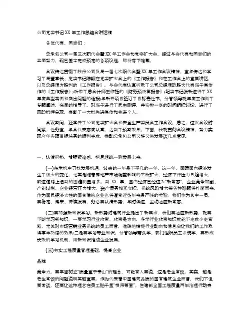 公司党委书记XX年工作总结会讲话稿