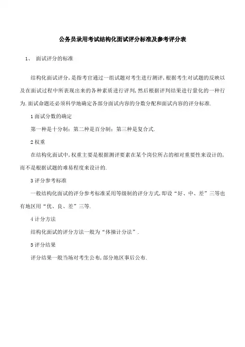公务员录用考试结构化面试评分标准及参考评分表