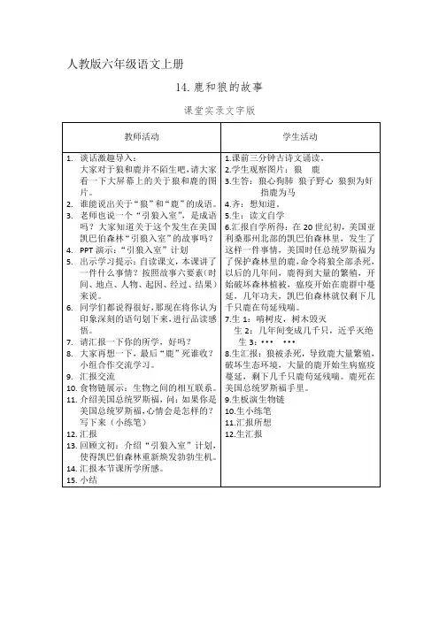 人教版六年级语文上册《鹿和狼的故事》课堂文字实录