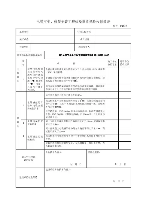 电缆支架、桥架安装工程检验批质量验收记录表
