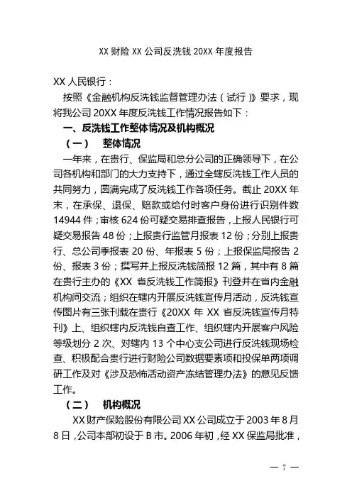 保险公司反洗钱工作年度报告