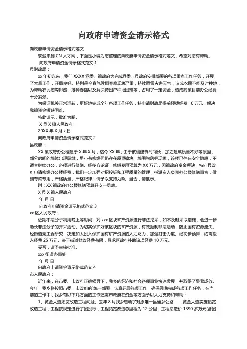 向政府申请资金请示格式范文