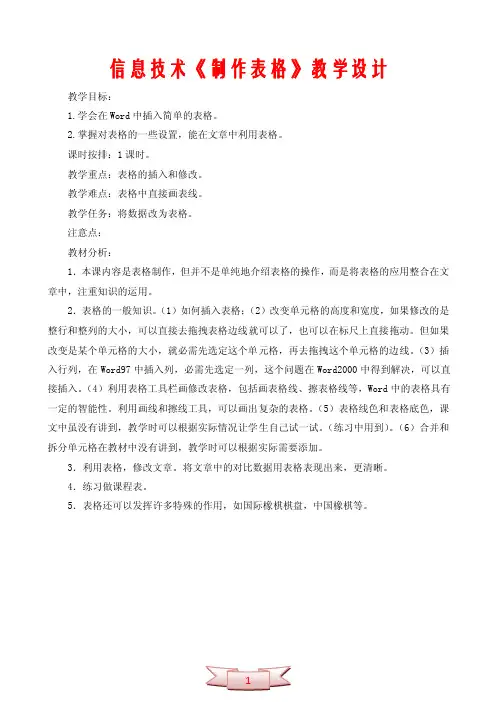 信息技术《制作表格》教学设计