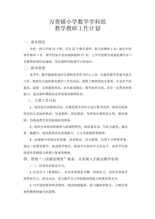 万善镇小学数学学科组教学教研工作计划