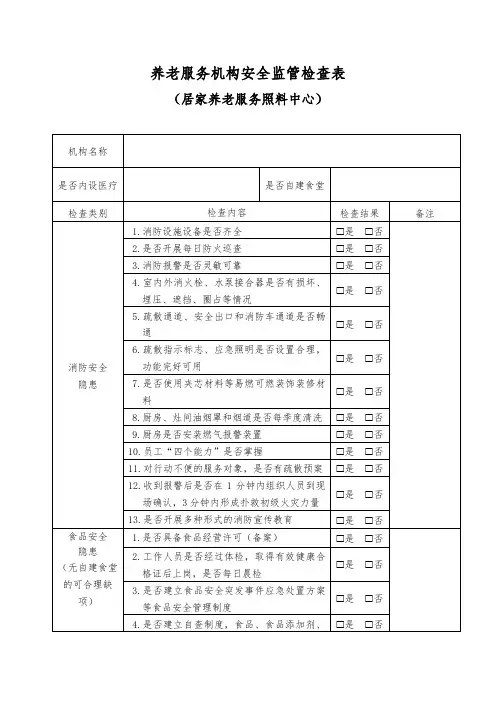 养老服务机构安全监管检查表(居家养老服务照料中心)