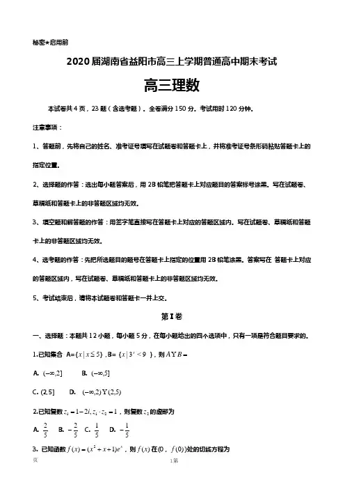 2020届湖南省益阳市高三上学期普通高中期末考试数学理试题