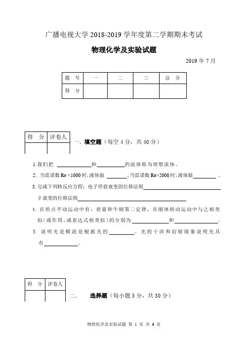 物理化学及实验(A卷)-成人2018-2019学年度第二学期期末考试试题及答案