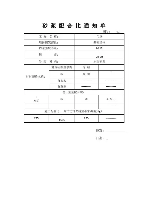 砂浆配合比通知单(M7.5)