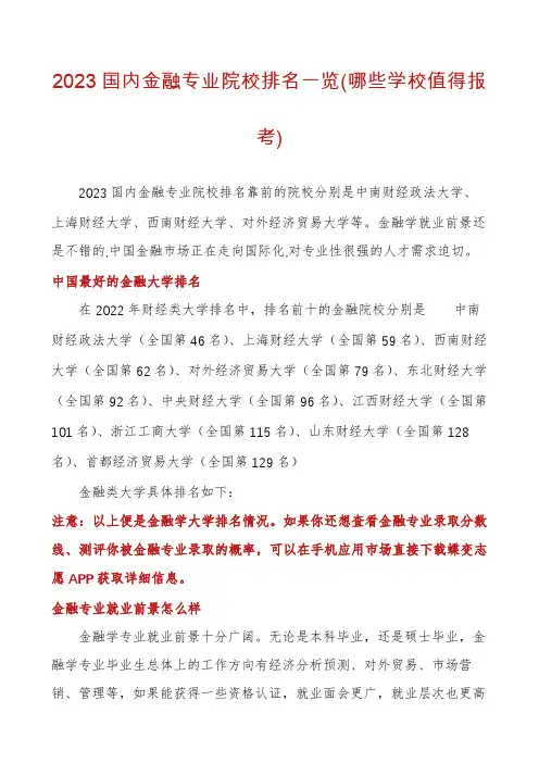 2023国内金融专业院校排名一览