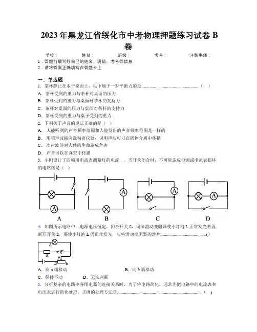 2023年黑龙江省绥化市中考物理押题练习试卷B卷附解析