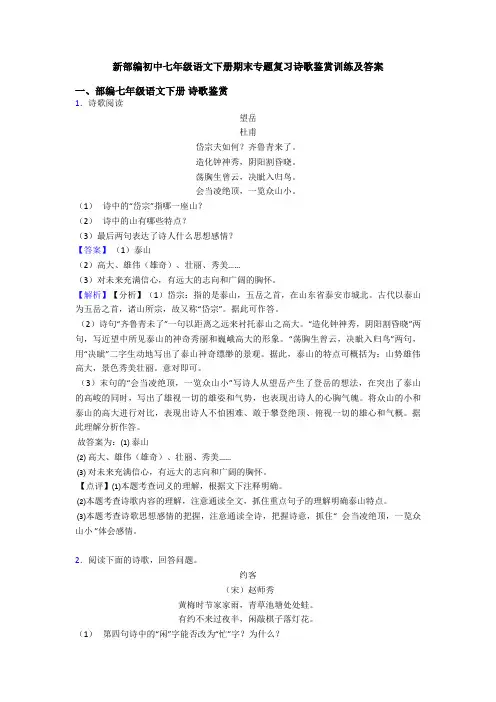 新部编初中七年级语文下册期末专题复习诗歌鉴赏训练及答案