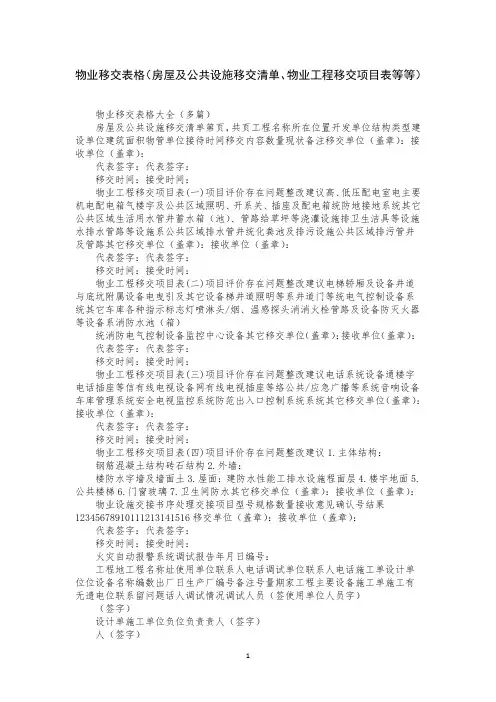 物业移交表格(房屋及公共设施移交清单、物业工程移交项目表等等)
