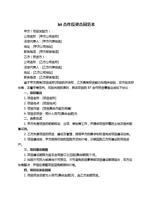 bt合作投资合同范本