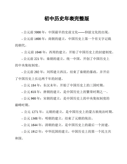 初中历史年表完整版