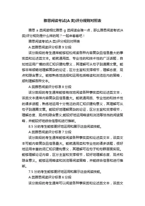 雅思阅读考试（A类）评分规则对照表