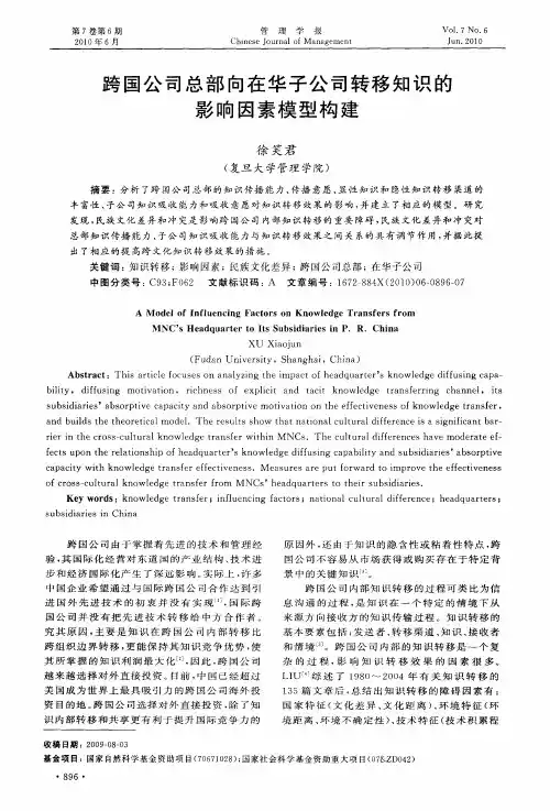 跨国公司总部向在华子公司转移知识的影响因素模型构建