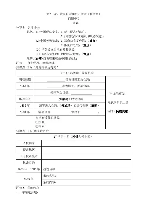第18课：收复台湾和抗击沙俄(教学案)