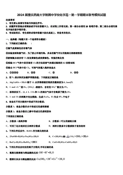 2024届重庆西南大学附属中学校化学高一第一学期期末联考模拟试题含解析