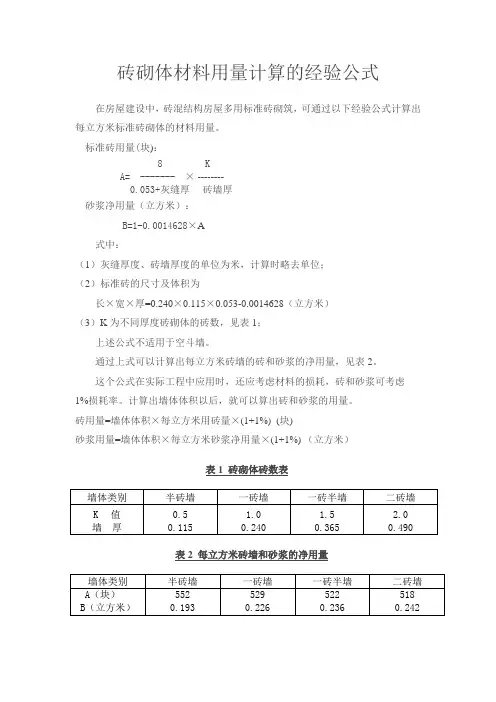 砖砌体材料用量计算的经验公式