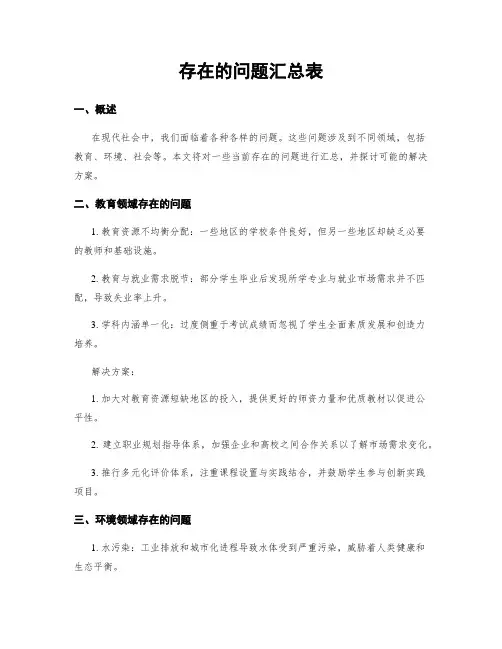 存在的问题汇总表