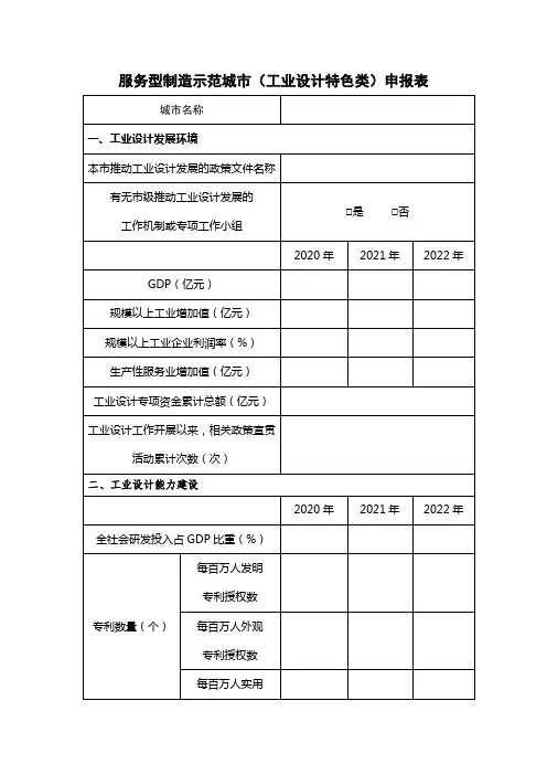 服务型制造示范城市(工业设计特色类)申报表
