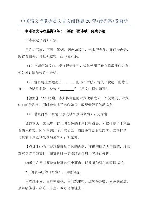 中考语文诗歌鉴赏文言文阅读题20套(带答案)及解析