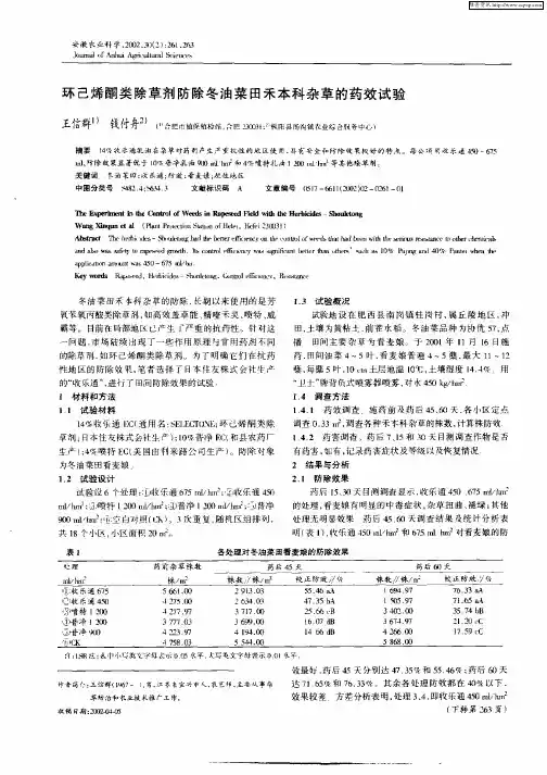环己烯酮类除草剂防除冬油菜田禾本科杂草的药效试验
