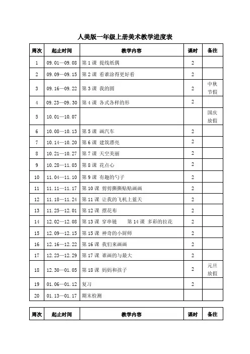 人美版一年级上册美术教学进度表