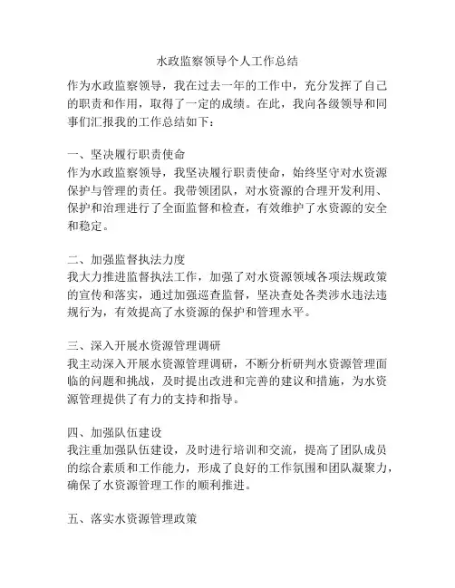 水政监察领导个人工作总结