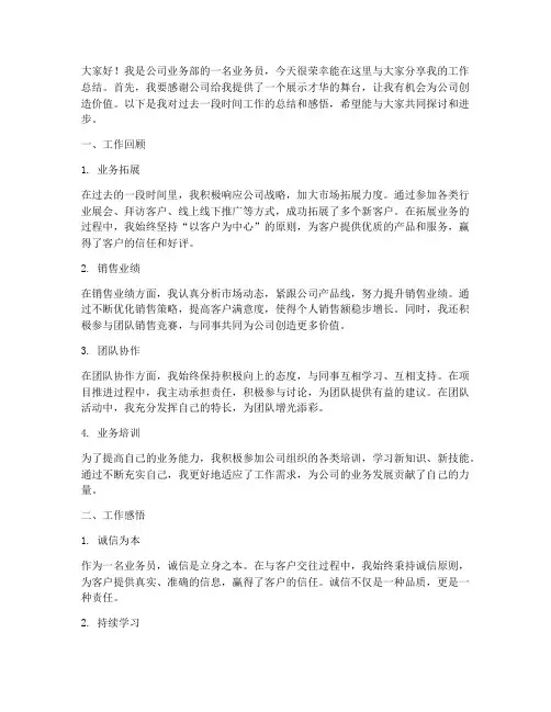 一名业务员的总结发言稿