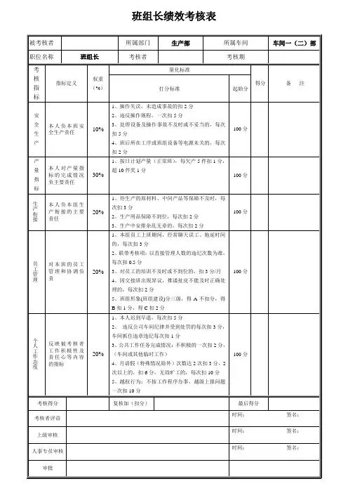 车间班组长绩效考核表
