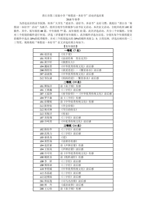 晋江第三小学寒假读一本好书活动评选结果