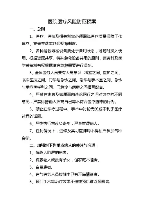 医院医疗风险防范预案
