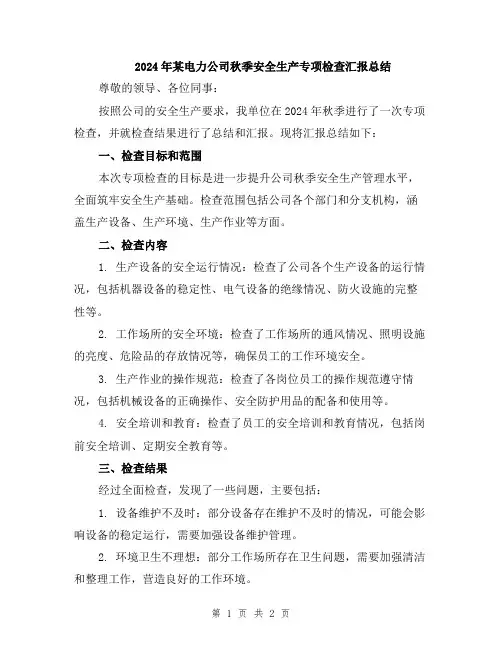 2024年某电力公司秋季安全生产专项检查汇报总结