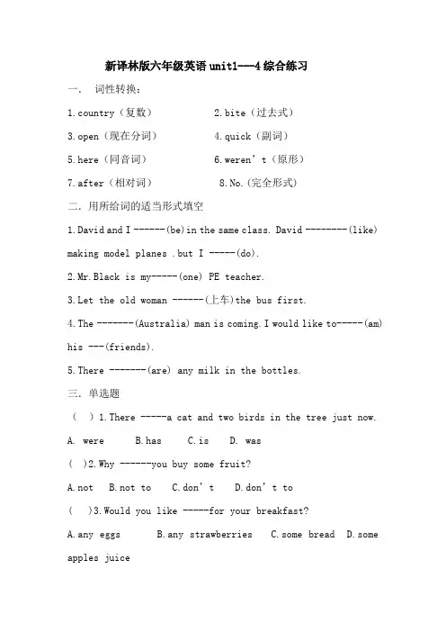 新译林版六年级英语unit1---4综合练习