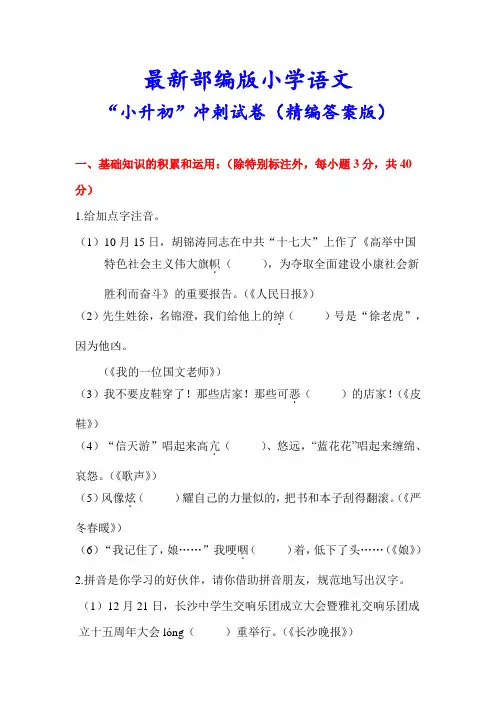 最新部编版小学语文《小升初冲刺卷》(附答案解析)