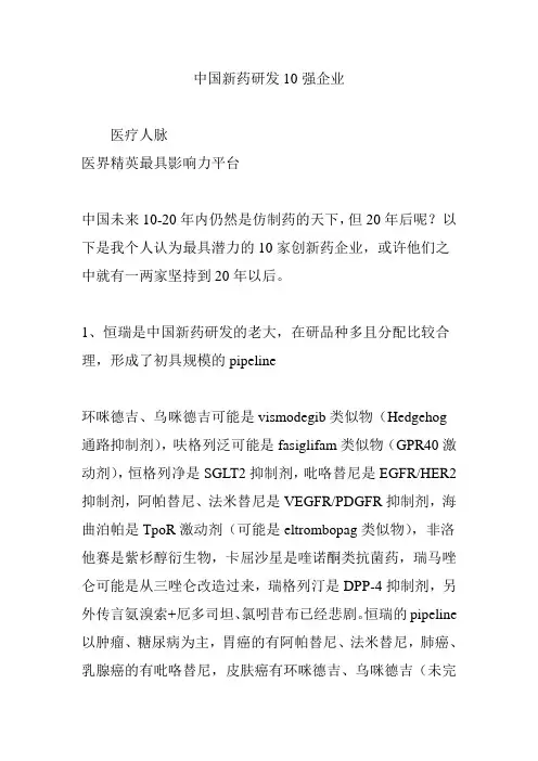 中国新药研发10强企业