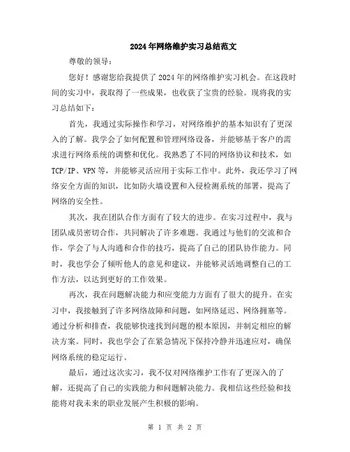 2024年网络维护实习总结范文