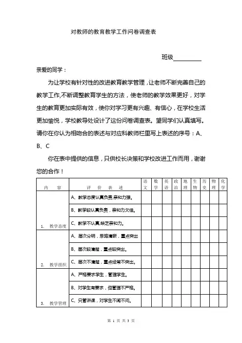 对教师的教育教学工作问卷调查表