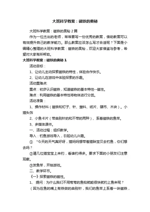 大班科学教案：磁铁的奥秘2篇