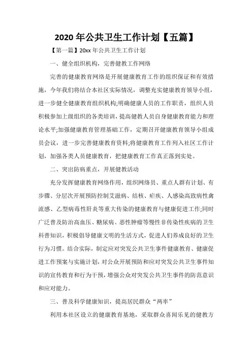  2020年公共卫生工作计划【五篇】