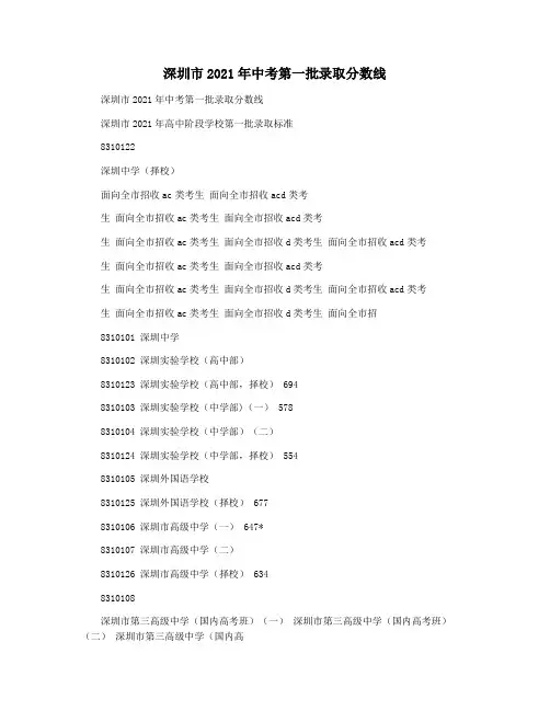 深圳市2021年中考第一批录取分数线