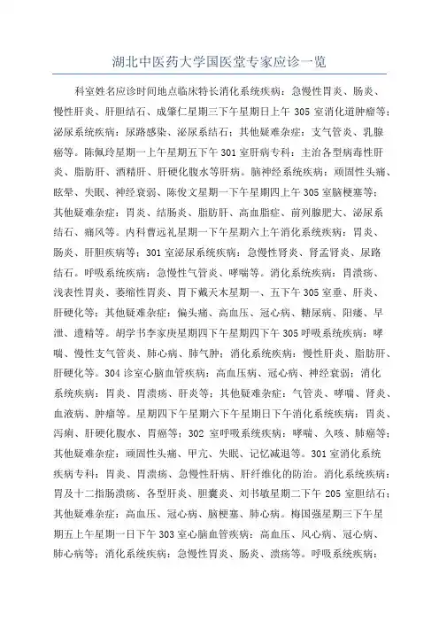 湖北中医药大学国医堂专家应诊一览
