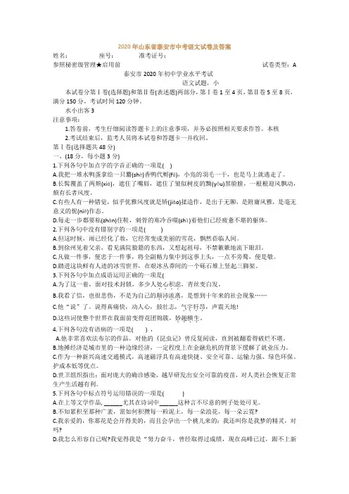2020年山东省泰安市中考语文试卷及答案