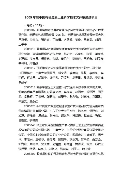 2005年度中国有色金属工业科学技术奖评审通过项目